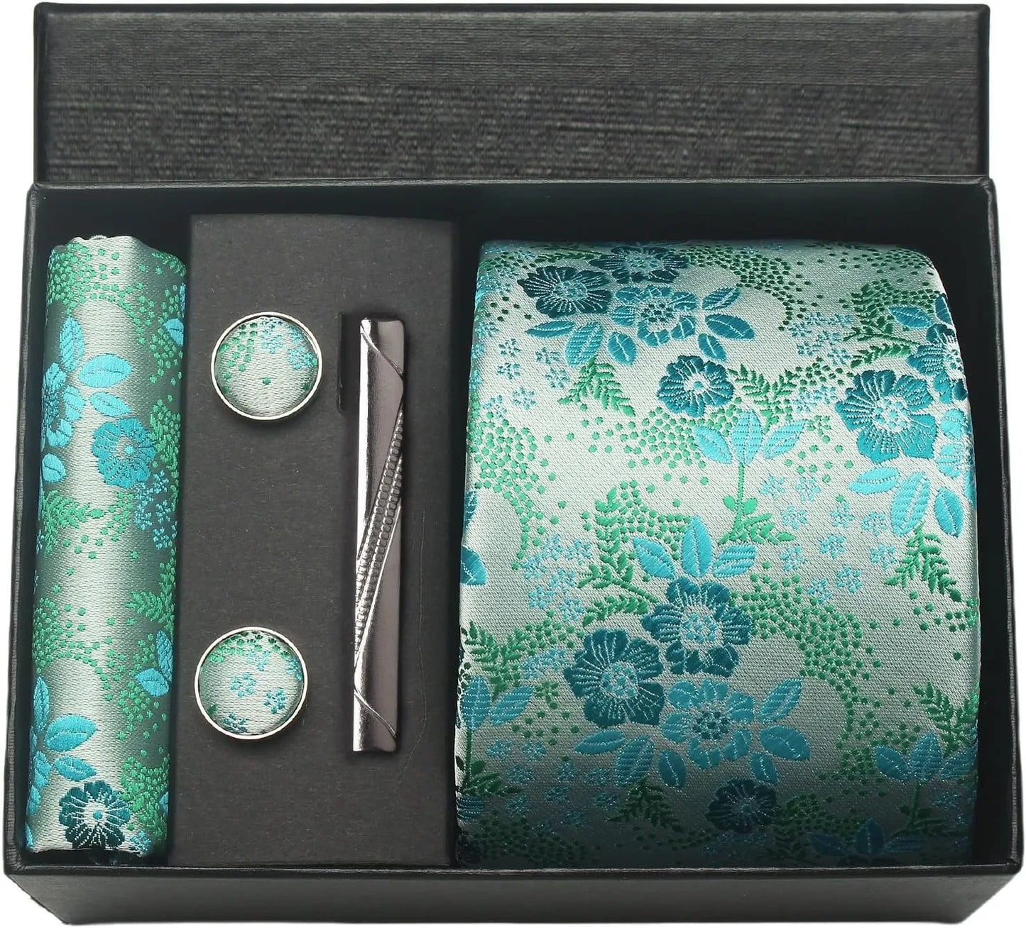 100% Silk Men’s Necktie Set with Paisley Floral Design, Business Tie with Pocket Square, Tie Clip & Cufflinks Gift Box Set for Men
