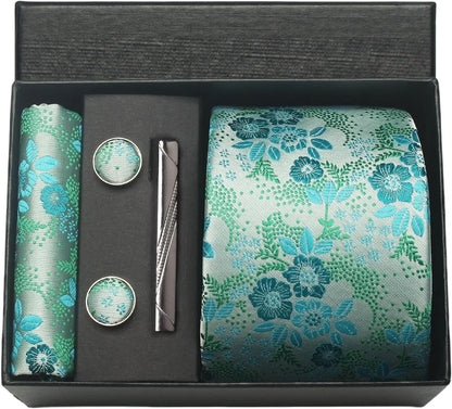 100% Silk Men’s Necktie Set with Paisley Floral Design, Business Tie with Pocket Square, Tie Clip & Cufflinks Gift Box Set for Men