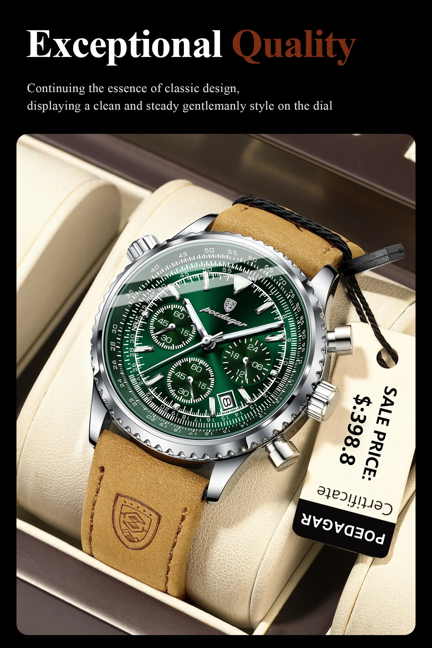POEDAGAR Luxury Men's Quartz Watch Waterproof Luminous Date Chronograph Leather Military Sports Wristwatch