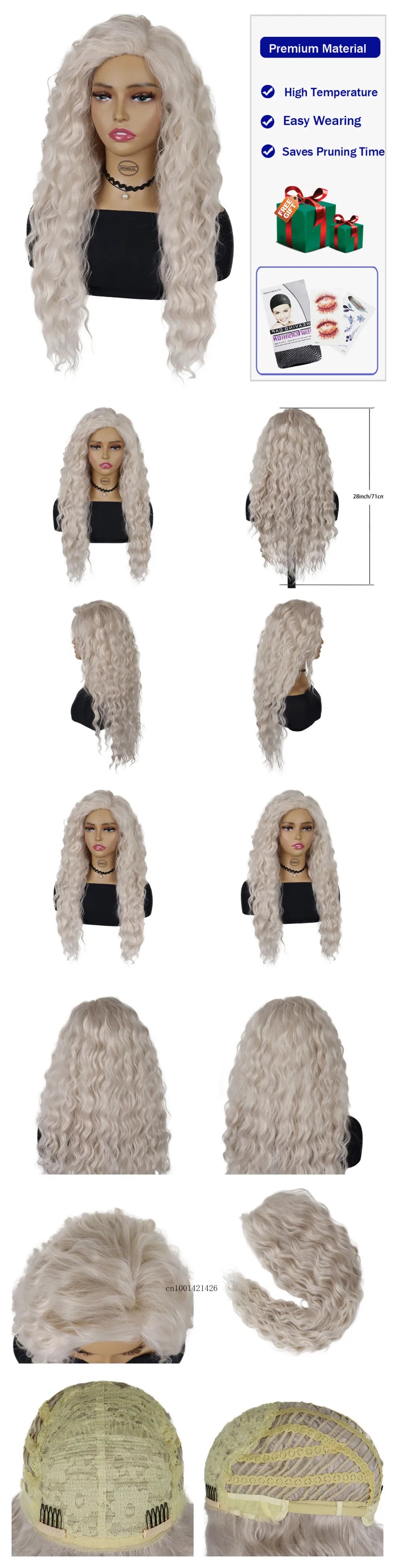 Ash Blonde Synthetic Wig – 26" Long Curly Ombre Hair, Fluffy Wave Wig for Women, Costume & Party Wig