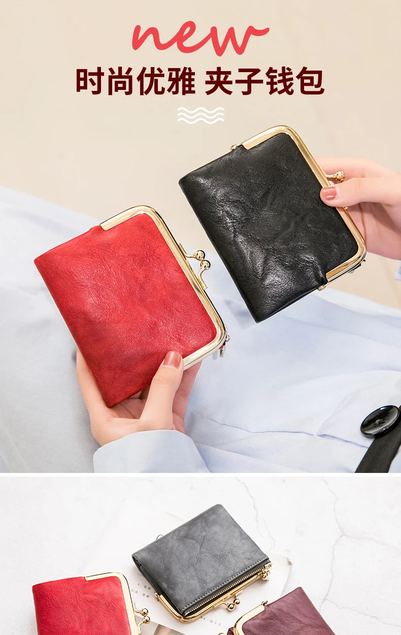 MIYIN Women’s Small Wallet – RFID Compact Bifold Leather Coin Purse with Zipper & Kiss Lock, Vintage Design