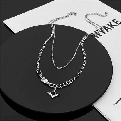 Hip Hop Zircon Star Double Layer Necklace - Titanium Steel Pendant Chain for Men & Women, Unisex Trendy Jewelry