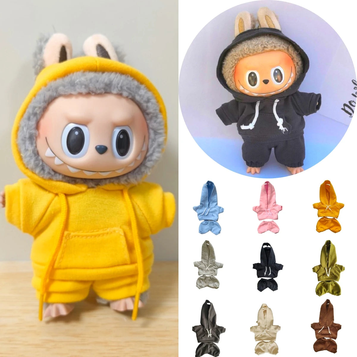 17cm Labubu Doll Outfit Set – Black Hoodie Sweatshirt & Pants, DIY Gift for Dolls