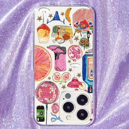 Summer Vibe Clear Phone Case — Soft Silicone Disco Ball & Fruit Design Cover for iPhone 7-16 Pro Max, Mini, XR, 11-15