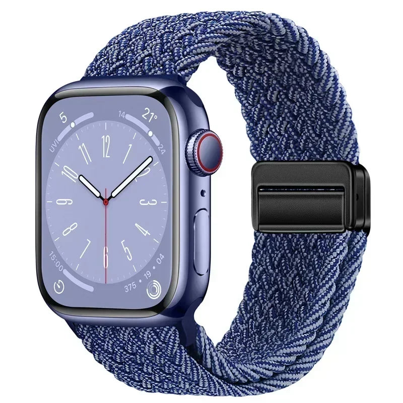 Nylon Braided Loop Apple Watch Band – Magnetic Metal Bracelet Strap for Ultra 2, Series 3–9 & SE (40mm–49mm) Adjustable Wristband