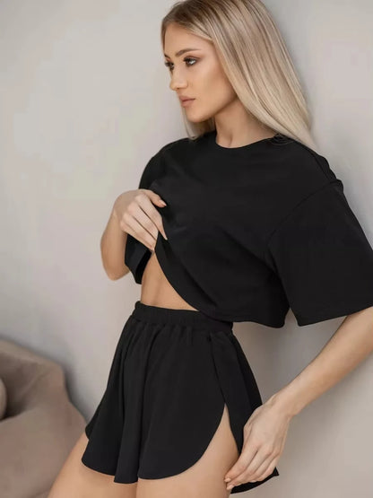 Women’s Sexy Pajama Set 2026 – Short Sleeve T-Shirt & Split Shorts 2-Piece Casual Round Neck Elastic Home Sleepwear Outfit