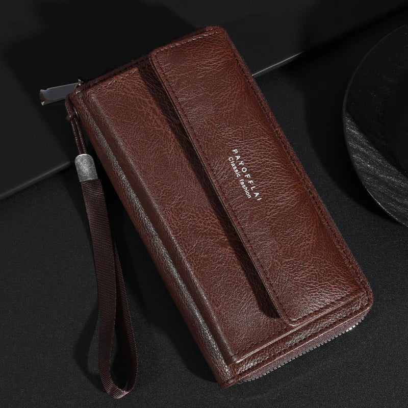 Men's PU Leather Zipper Wallet – Large Capacity Clutch Bag with Phone Holder, Card Slots & Coin Pocket