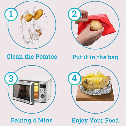 Reusable Microwave Potato Bag - Express Baked Potato Cooker for Perfect Potatoes in 4 Minutes - Red Baked Pouch