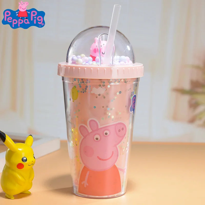 450ML Peppa Pig Plastic Water Bottle – Double-Layer Tumbler with Straw, George Pig Design, Gift for Girls