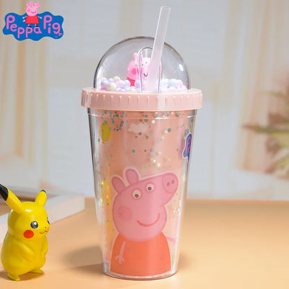 450ML Peppa Pig Plastic Water Bottle – Double-Layer Tumbler with Straw, George Pig Design, Gift for Girls
