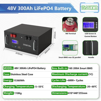 LiFePO4 48V 300Ah 15kWh Battery Pack – 6000+ Cycles, Bluetooth, RS485 CAN BMS, 51.2V Options, EU Stock