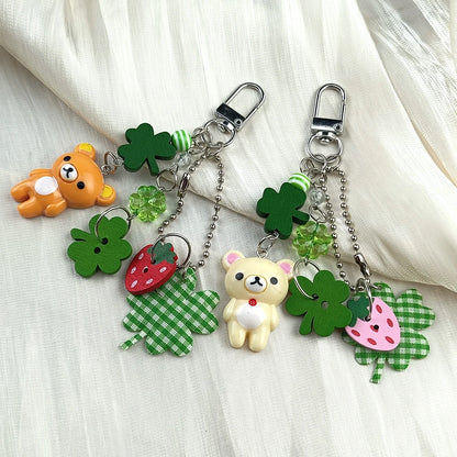 Cute Bell Bear Phone Charm - Y2K Handmade Strawberry Beaded Keychain & Matching Couple Gift Accessory