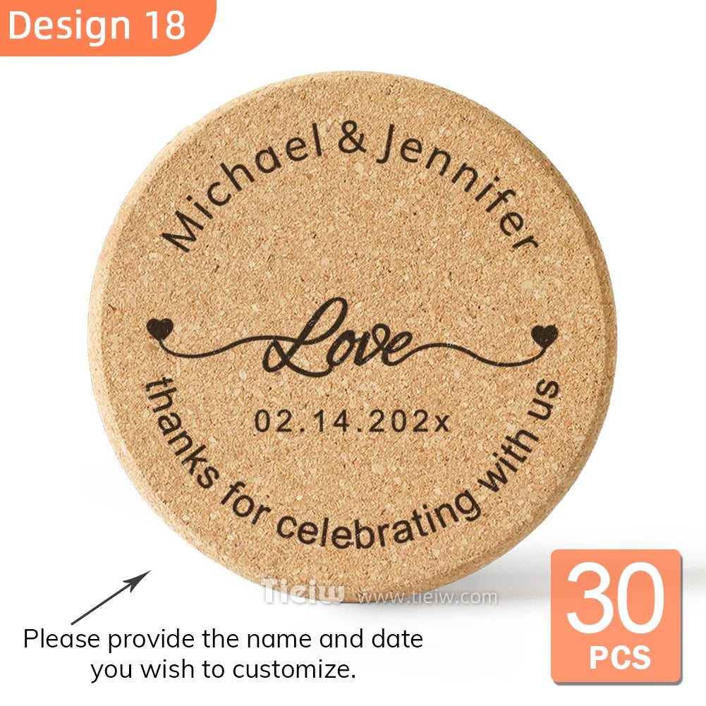 30-Piece Personalized Cork Coaster Set - Custom Tie Design Wedding Favors, Bridal Shower Gifts and Corporate Party Keepsakes
