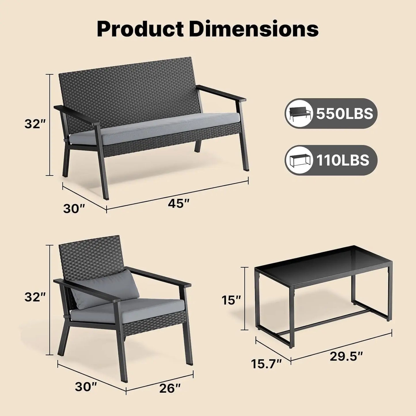 4-Piece Wicker Patio Furniture Set with Cushions & Table – Outdoor Seating for Balcony, Backyard & Porch