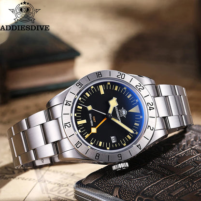 ADDIESDIVE GMT Men’s Diver Watch – 39mm Stainless Steel, Luminous Calendar Display, 20ATM Quartz Reloj Hombre
