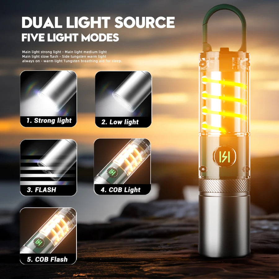 White Laser Flashlight: Internal 18650 Rechargeable Torch with 5 Modes, Zoom, and Hanging Hook - Perfect for Camping