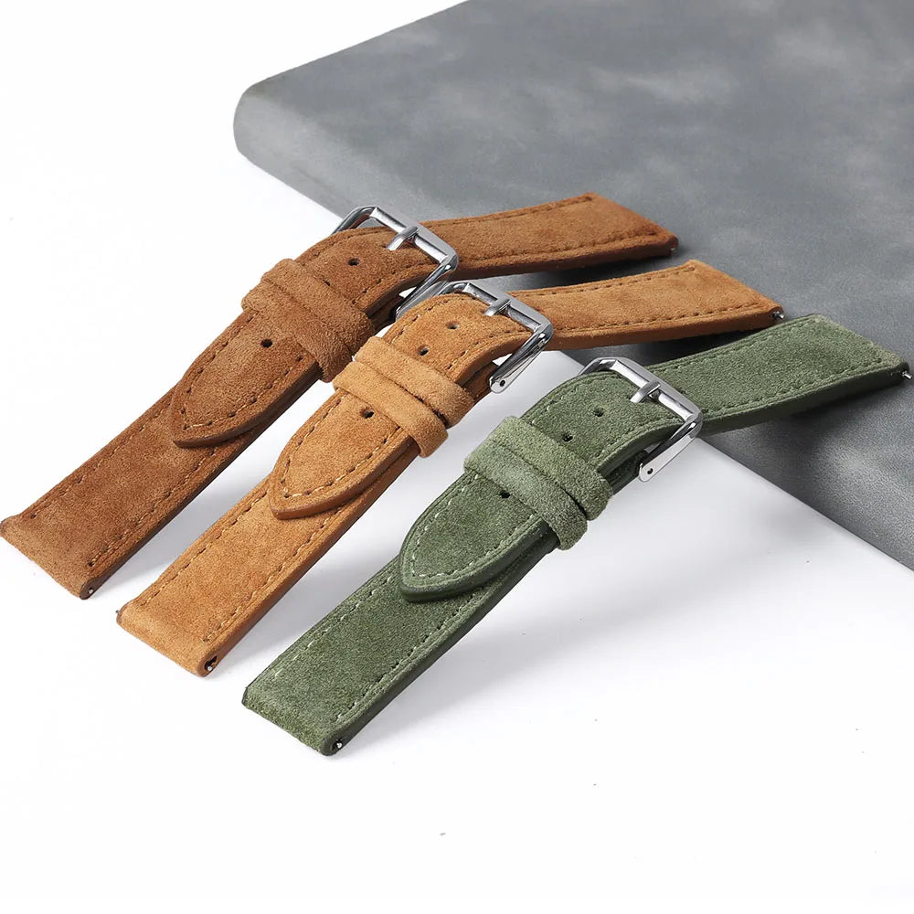 Suede Genuine Leather Watch Band - 18mm 19mm 20mm 22mm 24mm Vintage Handmade Stitching Strap For Seiko Huawei GT2 GT3 GT4