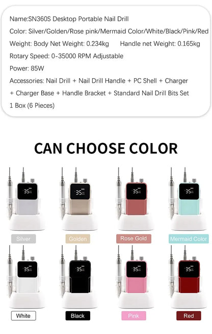New 85W Electric Nail File – Cordless Professional Brushless Nail Drill Machine with 35000 RPM