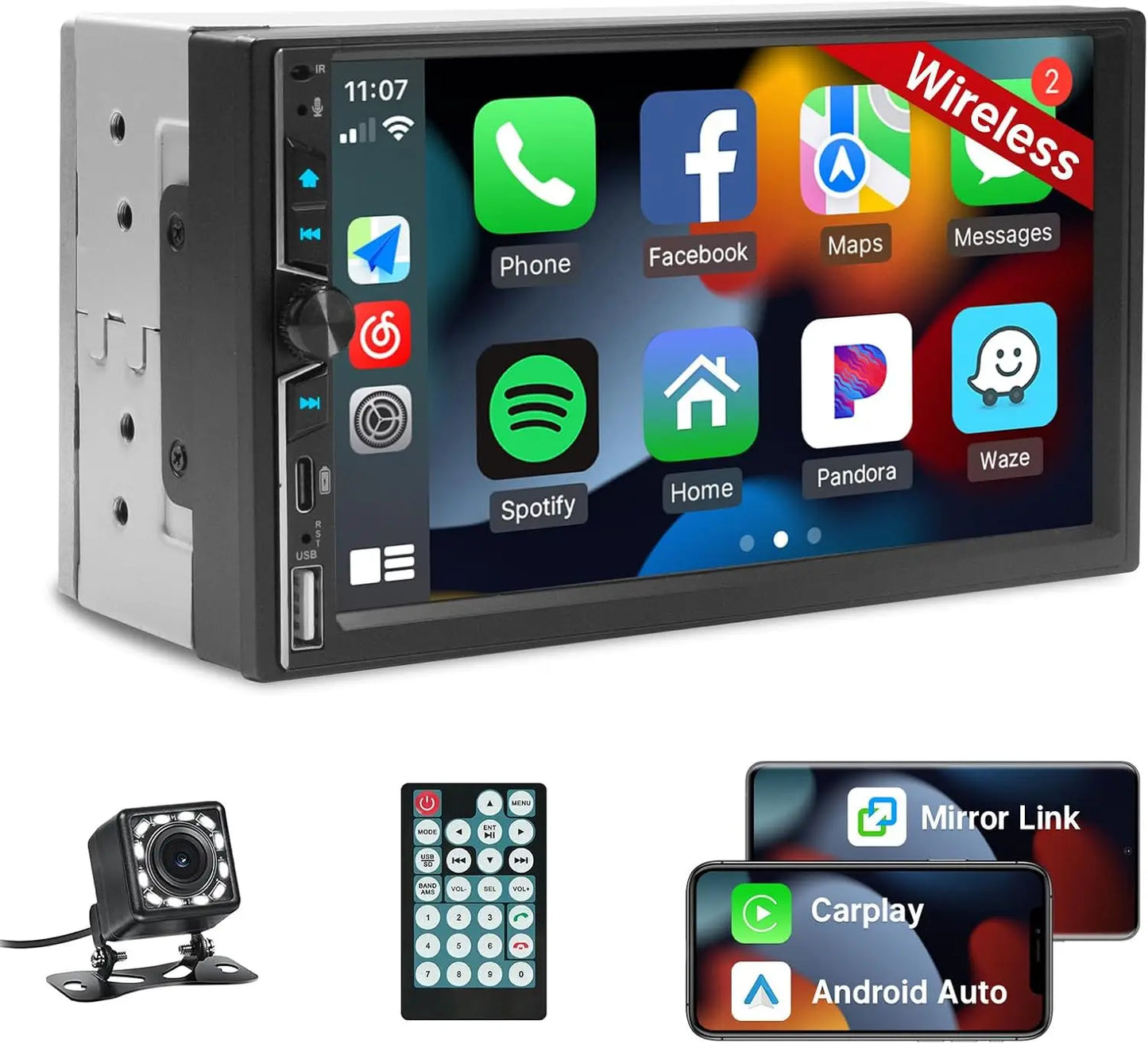 7" Double DIN Car Stereo - Wireless Apple CarPlay & Android Auto Touchscreen Radio