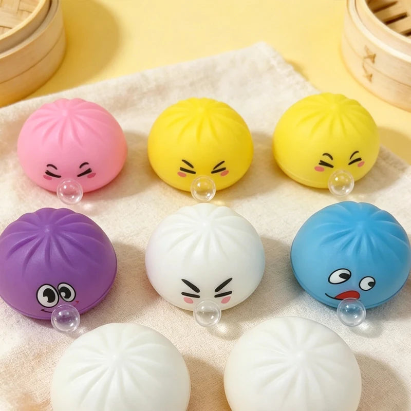 Kawaii Steamed Bun Squishy Set - Soft Bubble-Blowing Stress Relief Squeeze Toy with Steamer Case