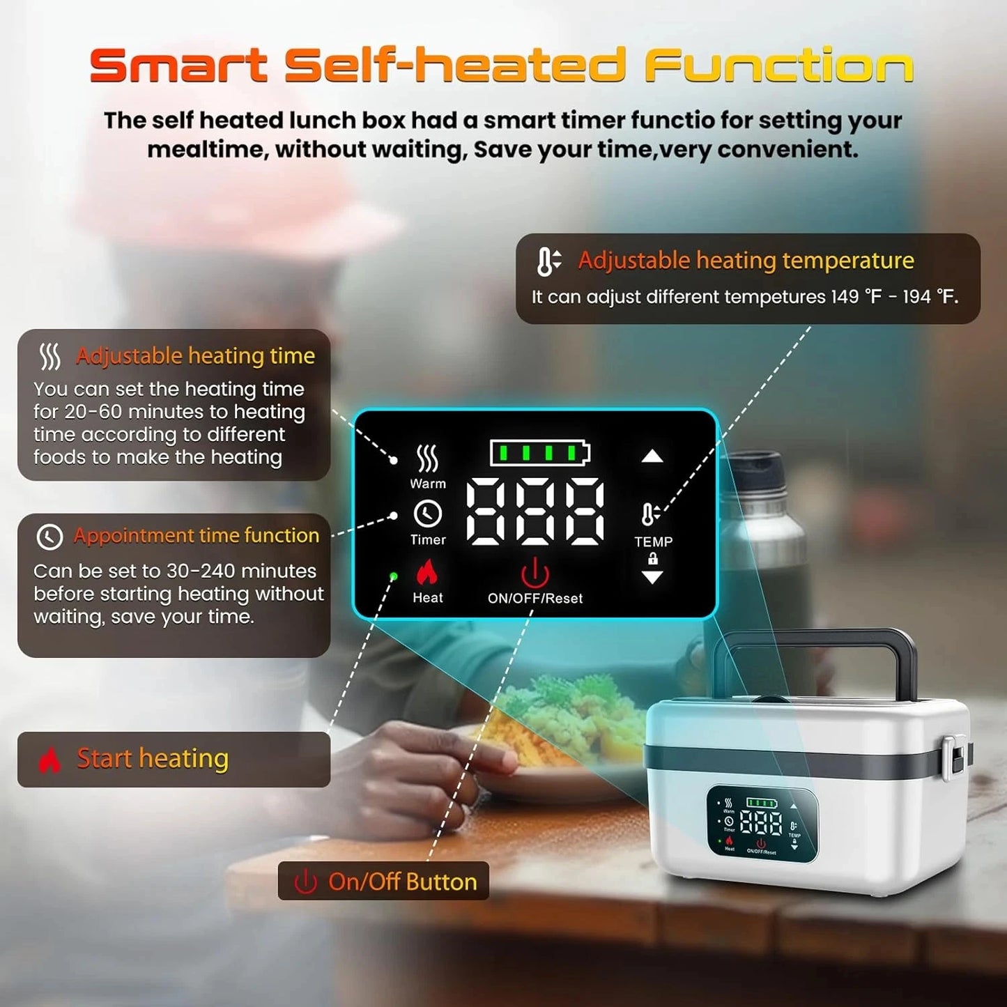 Wireless Electric Heated Lunch Box 8000mAh – 60W Portable Food Warmer 1L Stainless Steel Insulated Lunch Container for Travel & Work