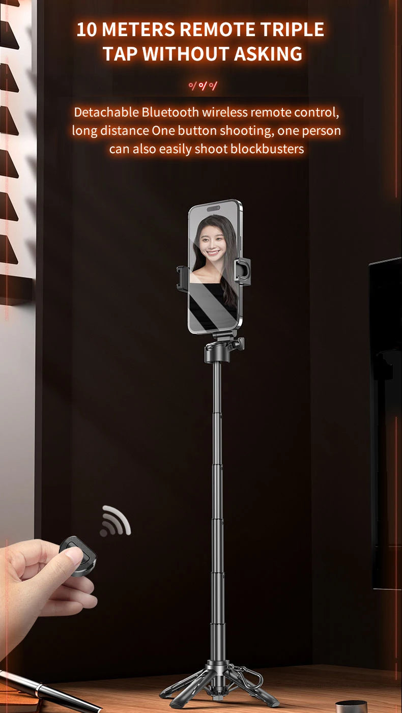 Mini Tripod Selfie Stick 2025 – Bluetooth Remote, One-Touch Push Button, 360° Rotating Stand for iPhone