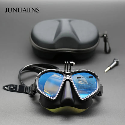 Freediving Mask with Camera Mount - Two-Window Tempered Glass Waterproof Anti-Fog Snorkeling Mask