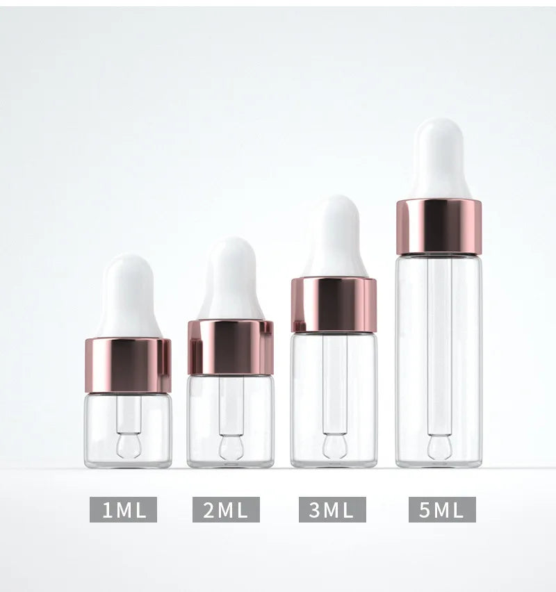 Mini Dropper Bottles - 10/20pcs Glass Empty Essential Oil Aromatherapy Bottles with Rose Gold Caps - Includes Pipettes - Various Sizes (1ml, 2ml, 3ml, 5ml)