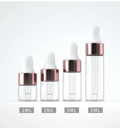 Mini Dropper Bottles - 10/20pcs Glass Empty Essential Oil Aromatherapy Bottles with Rose Gold Caps - Includes Pipettes - Various Sizes (1ml, 2ml, 3ml, 5ml)
