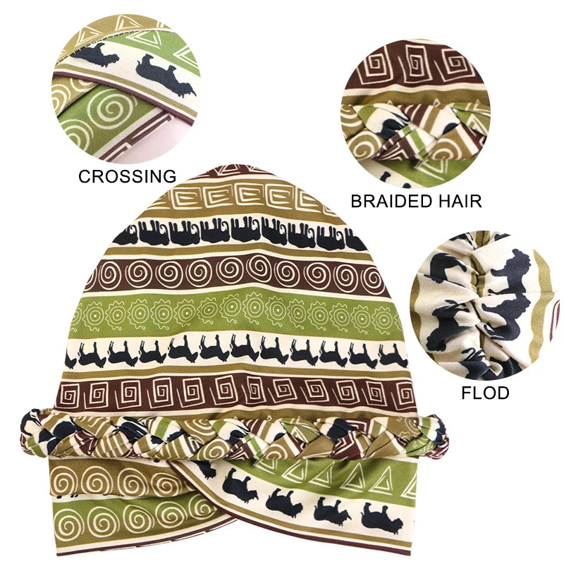 African Print Turban Headband Cap - Twisted Braid Head Wrap with Skullcap Style for Women