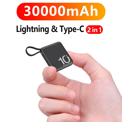 Mini Power Bank 30000mAh - Portable External Battery Pack with Built-in Cable - Spare Batteries for iPhone 14, Samsung, Xiaomiung