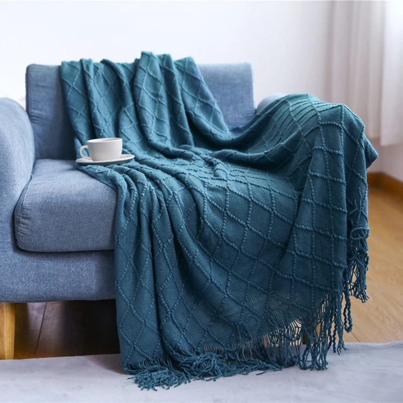 White Boho Throw Blanket – Textured Chunky Knitted Vintage Luxury Bedspread, Sofa Cover Manta Para Sofá