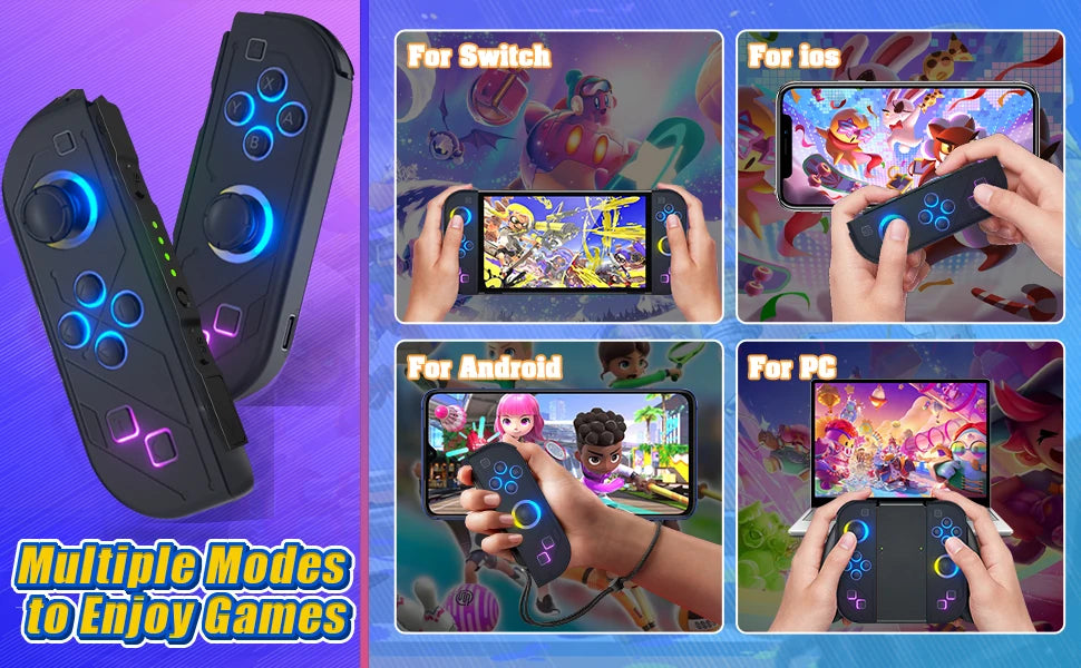 BT 5.2 Wireless Switch Joy Controller — L/R RGB LED Gamepad for Nintendo Switch/OLED/Lite with Dual Vibration & 6-Axis