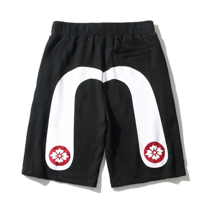 Men's Embroidered Denim Shorts - Black Hip-Hop Washed Cotton Shorts with Dragon & Cherry Blossom Design