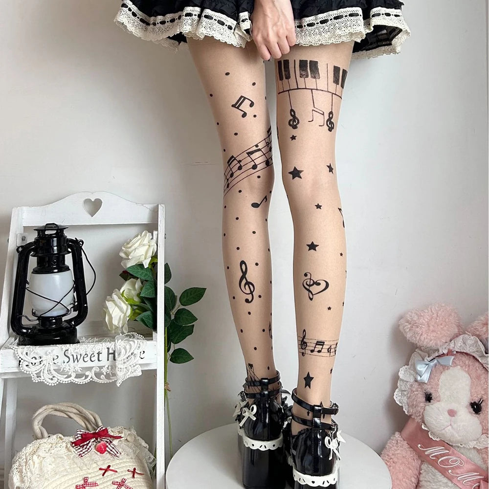 Musical Note Black Tights - Y2K Lolita Printed Stockings for Women, Party & Club Pantyhose