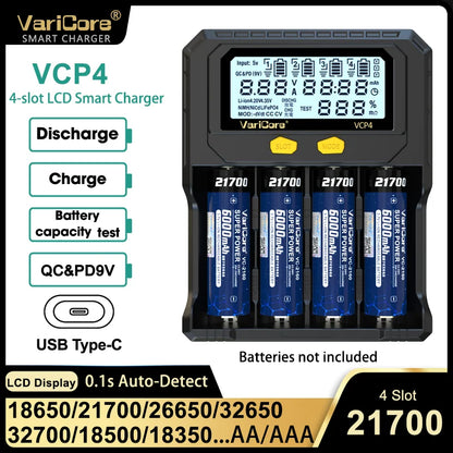 VariCore VCR4/VCP4 LCD Smart Battery Charger – Capacity Tester for 3.7V Li-Ion (18650, 21700, 26650), 3.2V LiFePO4 (32700), and 1.2V Ni-MH (AA/AAA)