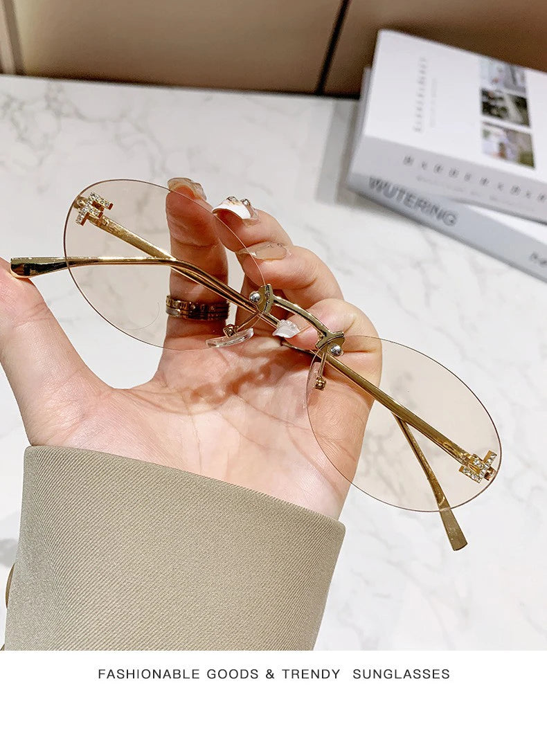 Elegant Diamond Oval Rimless Sunglasses — Men’s “F” Letter Car Sunglasses Model 90902