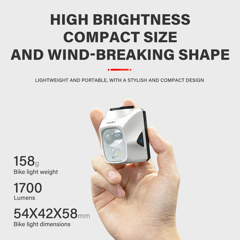 TOWILD DL1200S/DL1700 Bike Light - Rechargeable MTB Front Headlight with Cut-Off Beam, 1900LM Output & Power Bank Function