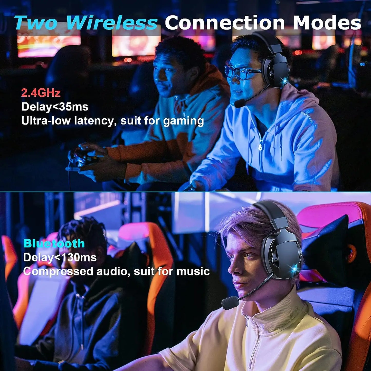 Gaming Headset with Detachable Noise-Cancelling Microphone — 2.4G Bluetooth, USB & 3.5mm Wired 3-Mode Multi-Device Headphones