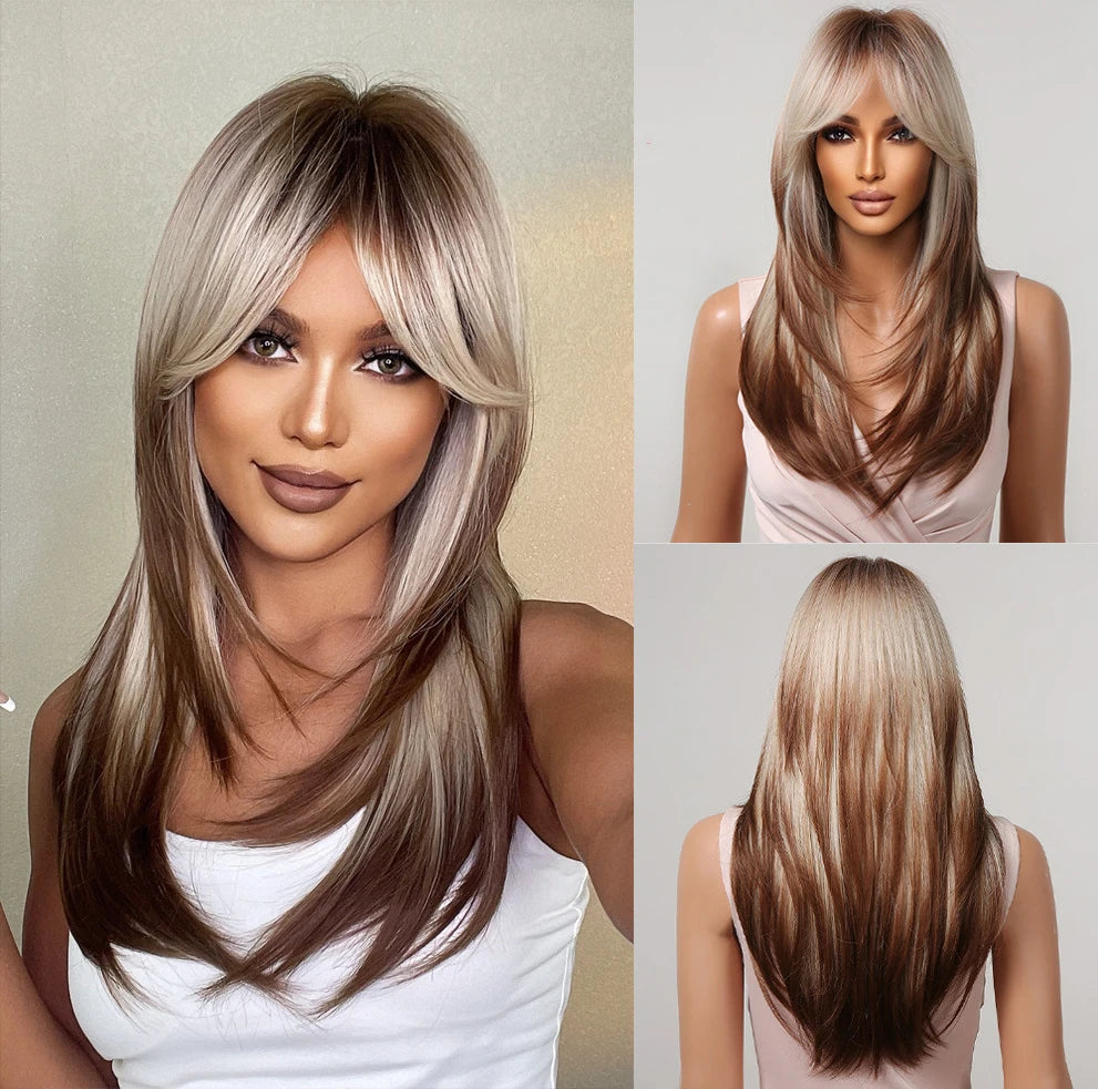 ALAN EATON Blonde Layered Synthetic Wig with Bangs – Long Straight Heat-Resistant Wig for Women & Girls, Natural Daily Hair