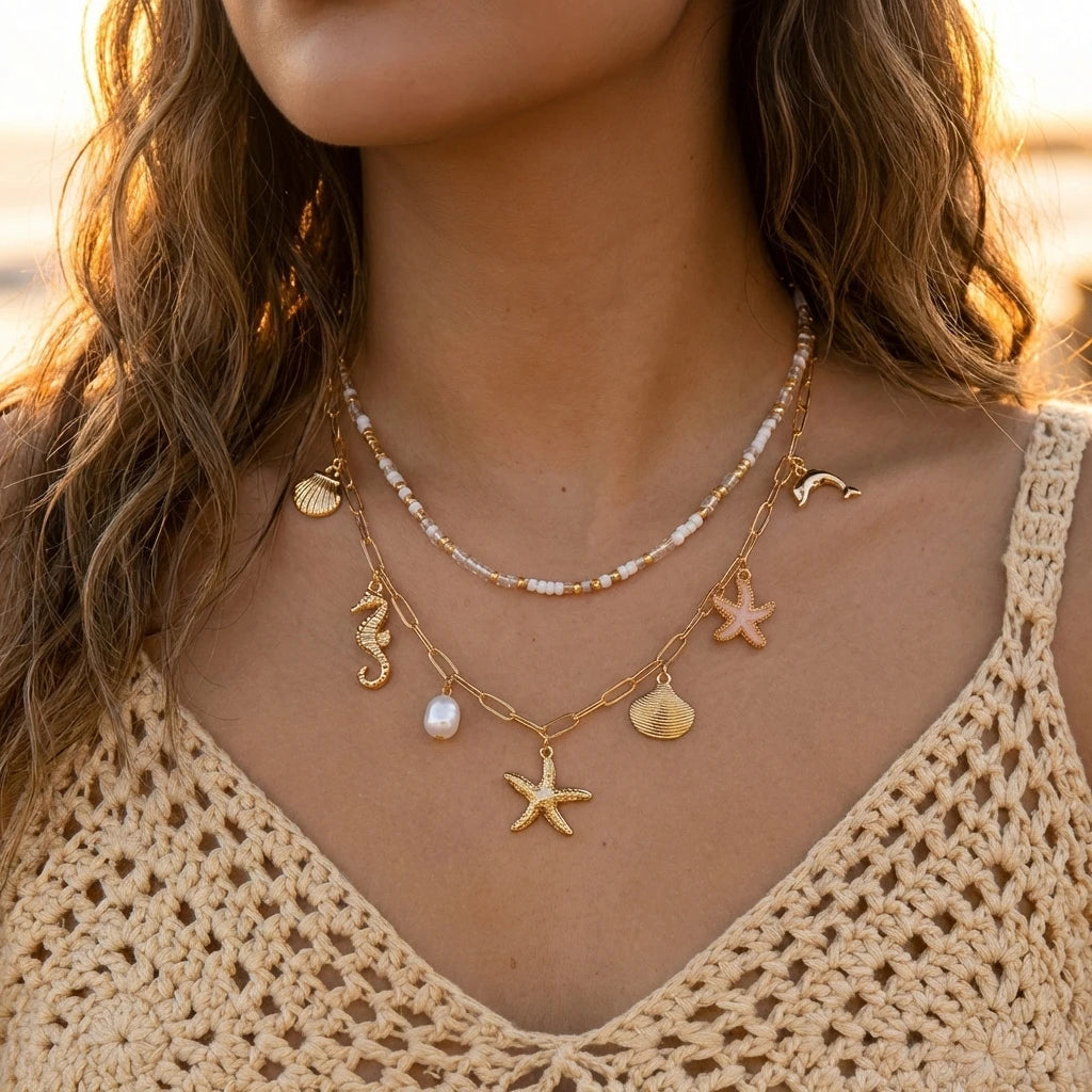 Bohemian Shell Layered Necklace - Vintage Starfish & Turtle Blue Beaded Beach Jewelry for Women