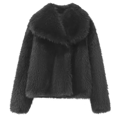 HXAO Women's Fur Coat – 2024 Plush Burgundy Bomber Jacket, Solid Crop Long Sleeve Warm Winter Casual Coat