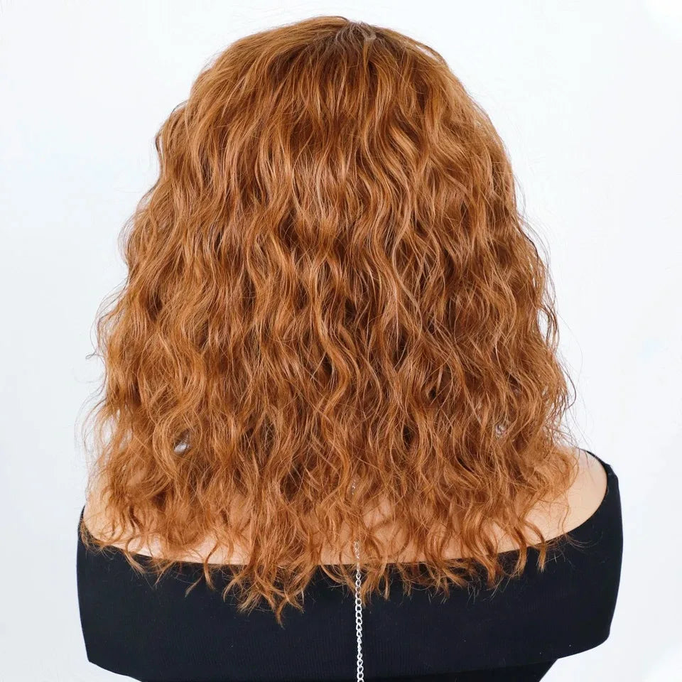 Honey Curly Bob Human Hair Wig — Side Part Pre-Plucked Glueless Brown & Blonde Curly Wig with Fringe Bangs