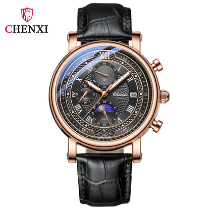 Chenxi 976 Men’s Leather Chronograph Watch – Phase of the Moon, Luminous Quartz Date Timepiece, Business Reloj para Hombres