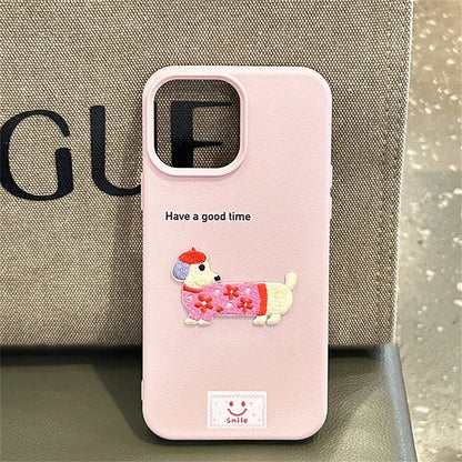 Cute Cartoon Dachshund iPhone Case – Litchi Texture Cover for iPhone 11–17 Pro/Pro Max/Plus/XS Max/XR