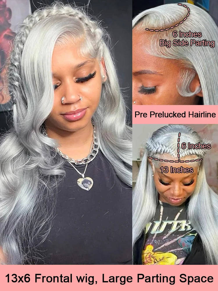 13x6 Silver Grey Body Wave Lace Front Wig – 100% Human Hair, Preplucked 13x4 Lace Frontal Brazilian Wig, 36 Inch