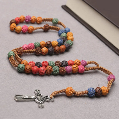 Christian Rose Bead Rosary Necklace – INRI Cross Crucifix Pendant Long Chain for Women, Religious Fashion Jewelry Gift