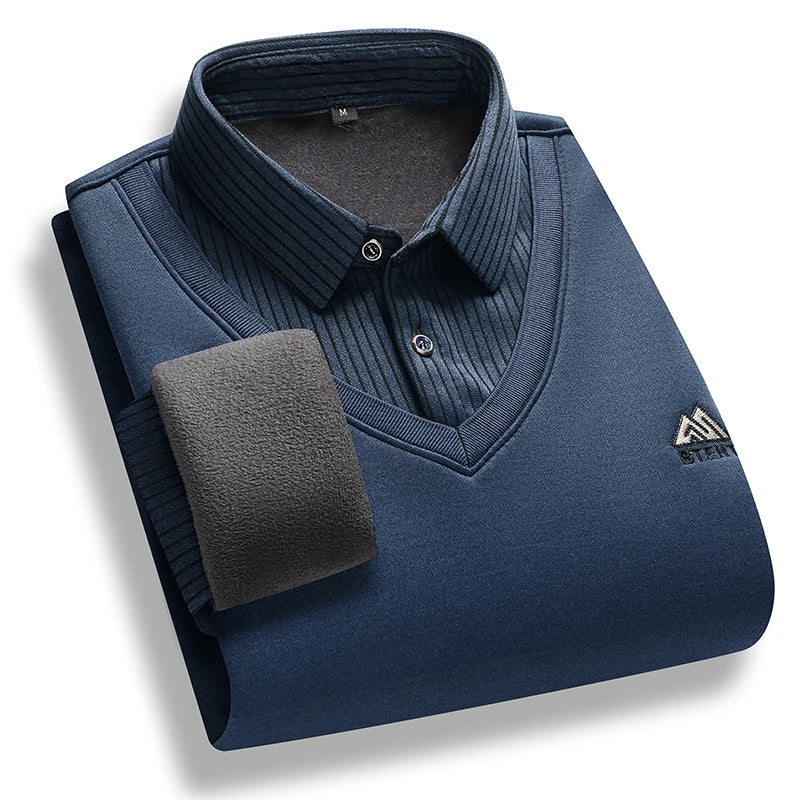 Men's Fleece Lined Polo Sweater - Fake Two-Piece Thick Winter Business Casual Pullover Top