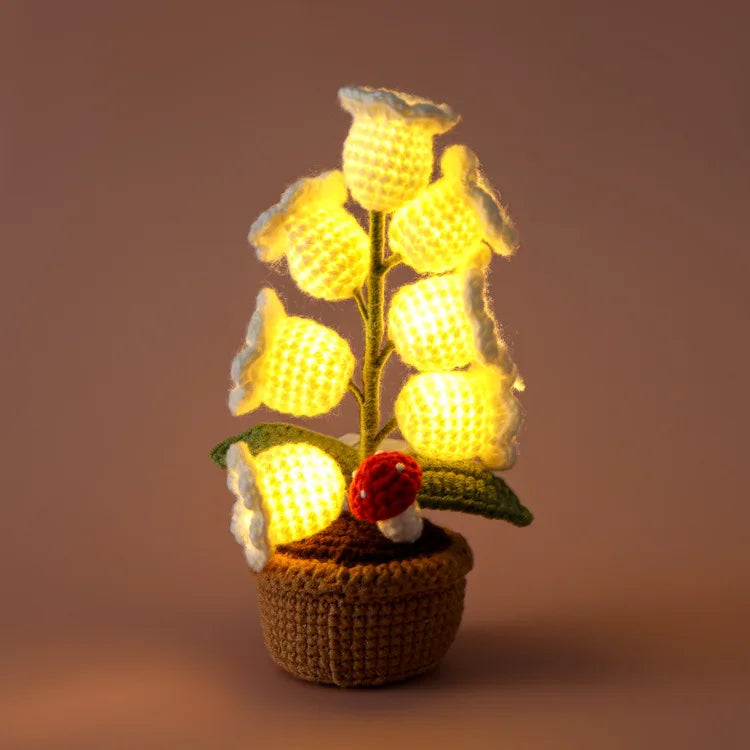 Handmade Crochet Bell Orchid in Pot – Knitted Artificial Flower with Light for Desktop & Easter 2025 Decor