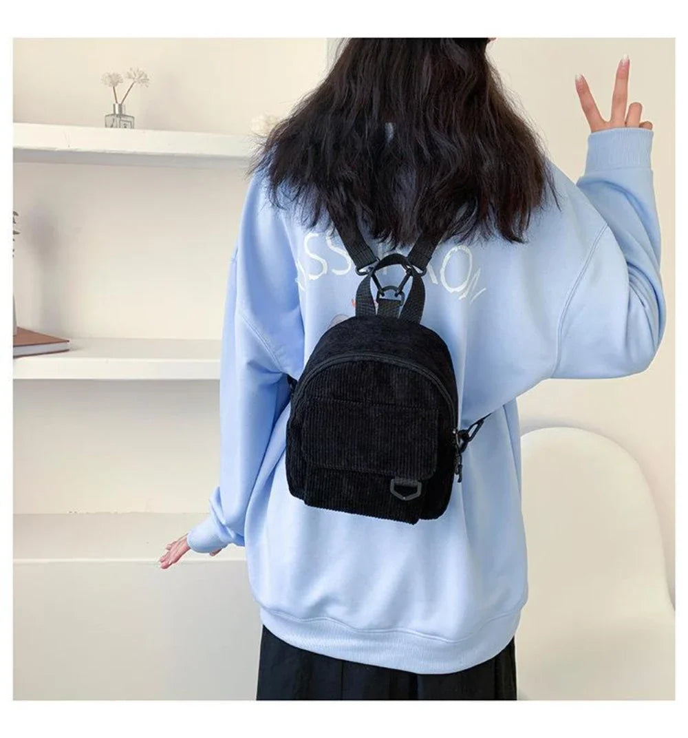 Women's Mini Backpack - Fashionable Solid Color Corduroy Casual Schoolbag with Large Capacity